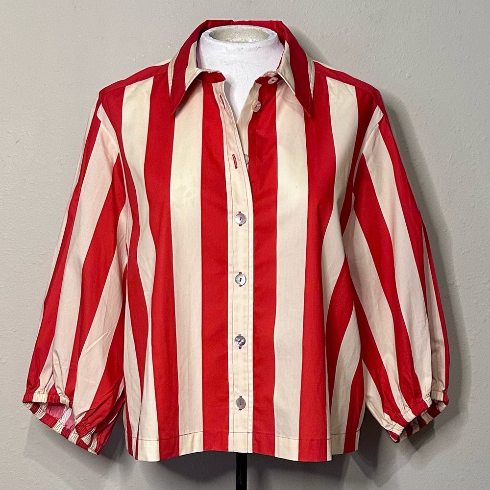 Tracy Reese Red and Cream Vertical Stripe Button-Down Top - Picture 7 of 16